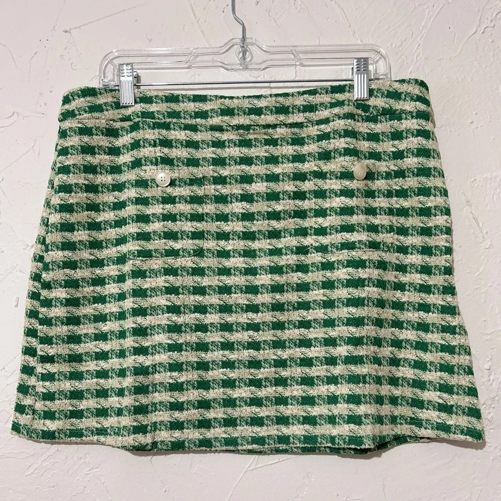 Lulus Clueless Coquette Green and Ivory Plaid Lurex Mini Skirt Sz Large